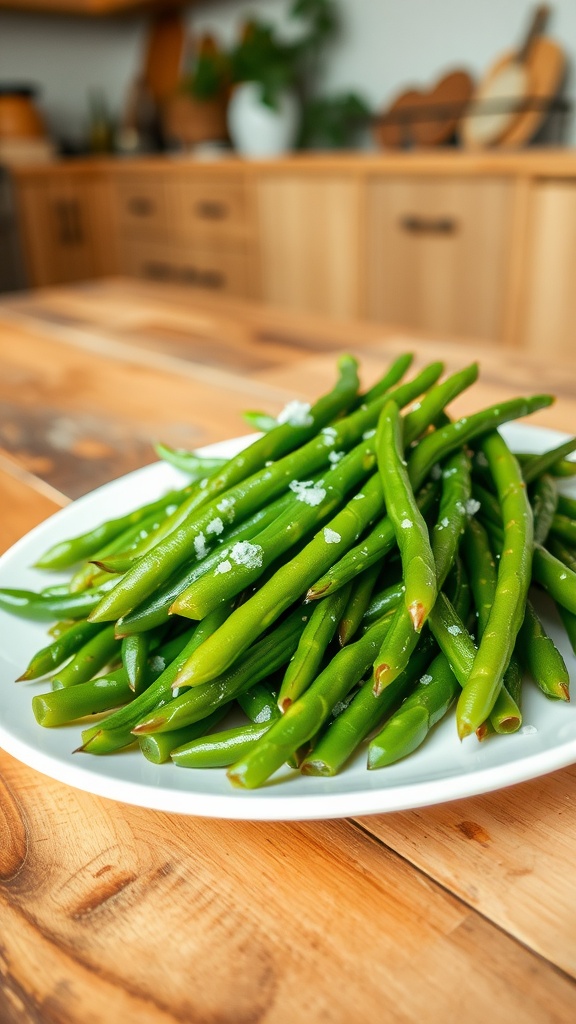 Vibrant steamed green beans garnished with olive oil and salt on a rustic table.